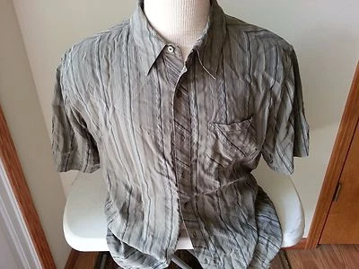 Horny Toad khaki short sleeve button down, black, gray, blue stripes, mens MED - Image 1 of 4