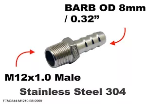 M12x1.0 Male to BARB OD 8mm / 0.32" Stainless Tail Adaptor Hose Connector - Picture 1 of 6