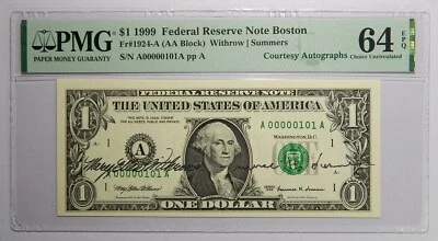 True Binary Dual Courtesy Autographed 1999 $1 PMG 64 EPQ Low Serial #00000101 - Image 1 of 4