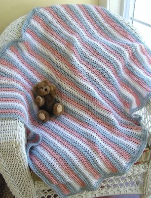 CROCHET knit handmade baby blanket wrap afghan VANNA yarn pink blue stripe 34x36 - Image 1 of 2