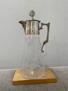Antique Silver Plated & Etched Glass Pitcher w/ Coin & Face Decoration - Picture 1 of 17