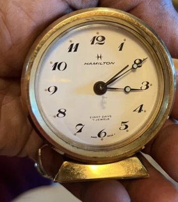 VTG Hamilton Mini Brass Alarm Clock Tabletop 7 Jewels Germany Tested Works! - Image 1 of 4
