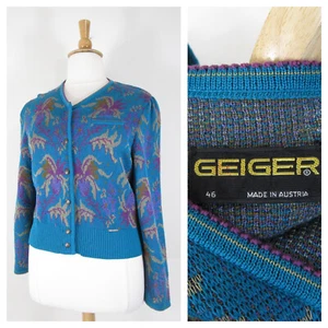 Vintage Geiger Womens Teal Blue Floral Wool Cardigan Sweater Size 46 US XL - Picture 1 of 9