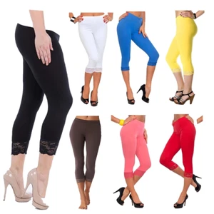 WOMEN LADIES CAPRI SOFT 3/4 CROPPED LACE TRIM LEGGINGS STRETCHY COMFY PANTS - Picture 1 of 13