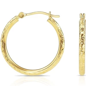 14K Real Solid Gold Hand Engraved Diamond-Cut Creole Hoops Earrings All Sizes - Picture 1 of 34