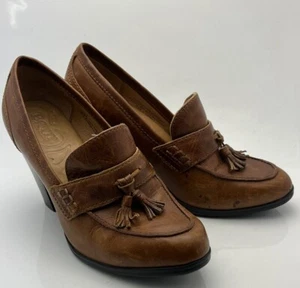 Born Nance Brown Leather Casual Penny Loafer Tassel Heels Ladies Size 6 M - Picture 1 of 16
