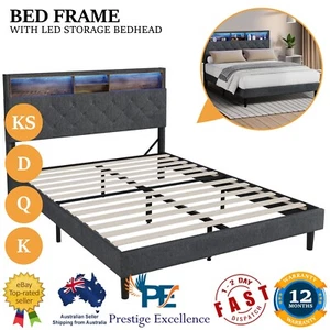 Bed Frame Queen Double King Single Size with LED Storage Bedhead Display Shelves - Picture 1 of 40