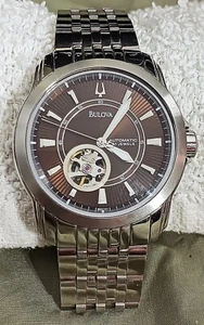 BULOVA 21 JEWELS STAINLESS OPEN HEART MECHANICAL AUTOMATIC BACK SKELETON WATCH - Picture 1 of 14