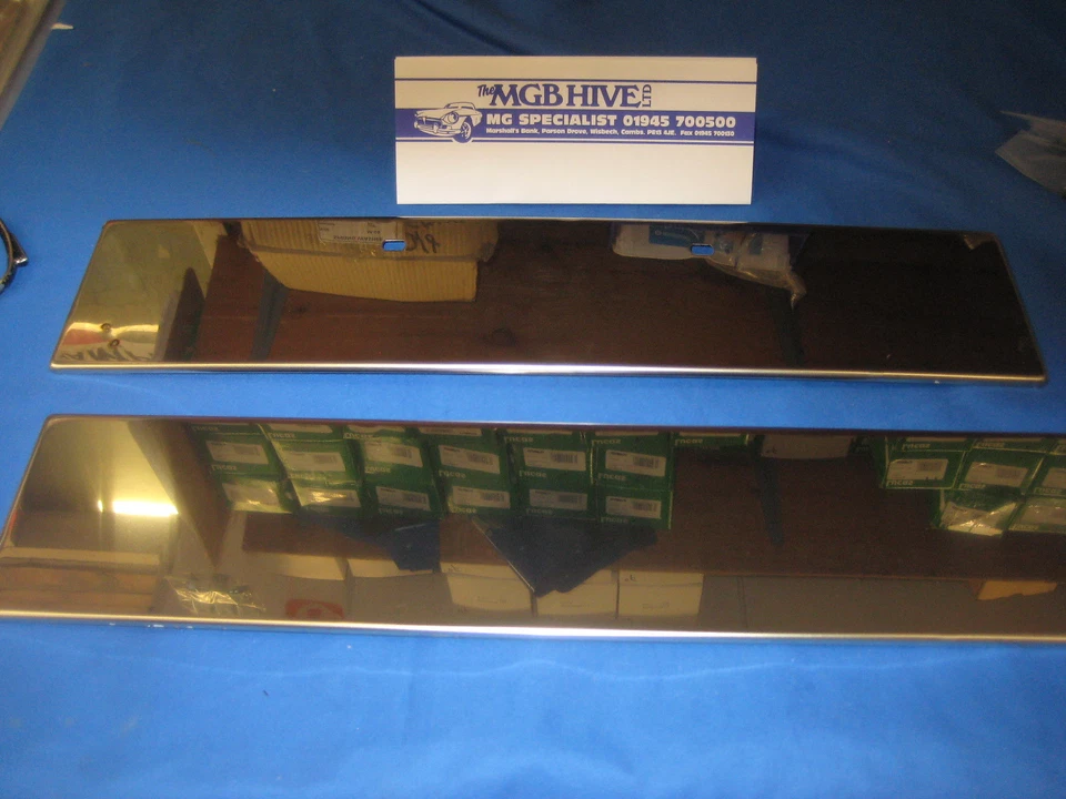 MGB CHROME BUMPER PAIR STAINLESS STEEL NUMBER PLATE BACKINGS FRONT  REAR 62-74 - Image 1 of 1