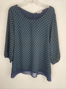 Pleione Women’s Size LARGE Blue Green Layered Blouse 3/4 Sleeve - Picture 1 of 4