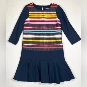 LANDS END Girls Navy Blue Multi Color Stripe Grosgrain Ribbon Dress S 7-8 Preppy - Picture 1 of 9