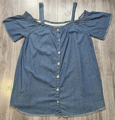 New Look Cold Shoulder Button Up Top Blouse Blue Chambray Cotton Women's Size 2X - Image 1 of 4