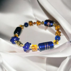 Bracelet, Colorful Glass Bead Blue Amber Color Gold Tone Twist Clasp A111 - Picture 1 of 5