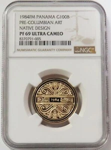 1984 FM GOLD PANAMA 200 MINTED NGC PROOF 69 UC 100 BALBOAS PRE-COLUMBIAN ART - Picture 1 of 4
