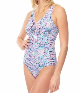 size 14 Pastel Paisley Ruffle Deep V One Piece Swimsuit Sea & Sand Beachwear new - Picture 1 of 2
