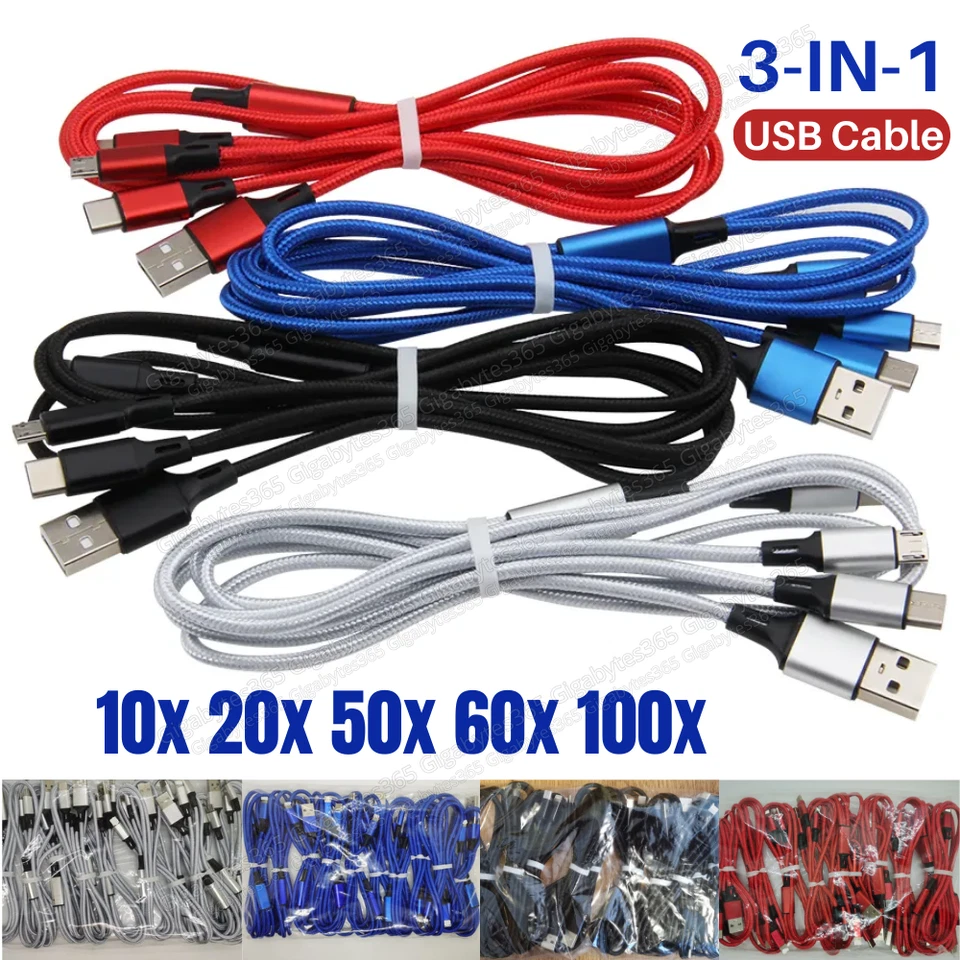 3 In 1 Charger Cord 3A Fast USB Charging Cable Lot For iPhone USB-C Micro USB - Image 1 of 4