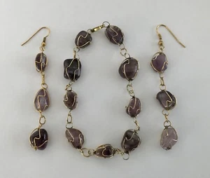 VERPACKT HANDGEFERTIGT VERGOLDET DRAHTVERWICKELT AMETHYST ARMBAND & TROPFENOHRRINGE - Bild 1 von 4