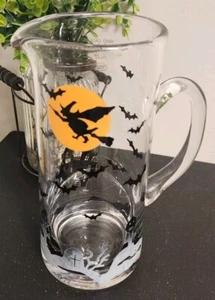 Halloween Glass Cockail Pitcher Black & Orange  Haunted House, Witch & Bats NEW - Picture 1 of 6