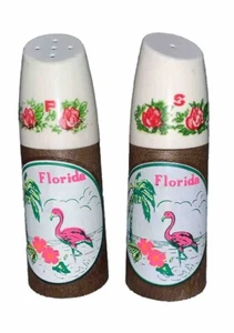 Vtg 1960s Florida Flamingo Souvenir Wood Look Salt & Pepper Shakers 4.5" Tall - Picture 1 of 14