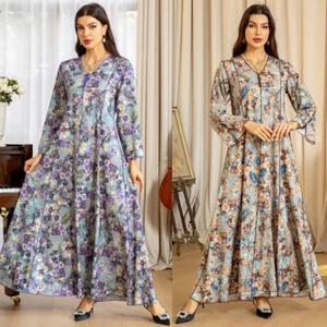 Muslimische Frauen Abaya Maxikleid Blumenmuster Dubai Türkei Kaftan islamisch marokkanisch Robe - Bild 1 von 47