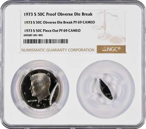 UNIQUE Mated Pair 1973-S Kennedy Half Die Piece and Obverse Die Break NGC PF 69 Cover