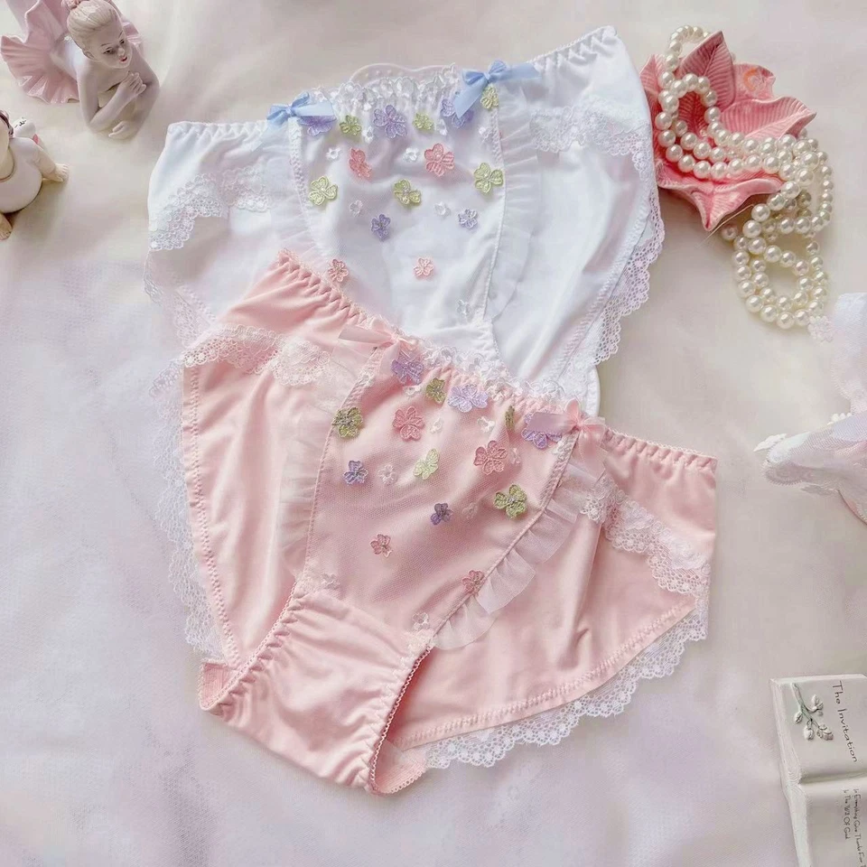 Womens Modal White Knickers Pink Panties Floral Embroidery Briefs Soft Underwear - image 1 of 4