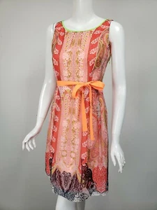 T TAHARI Coral Pink Lime Print Cotton Silk Voile Neon Trim Tie Belt Dress sz 2 - Picture 1 of 3
