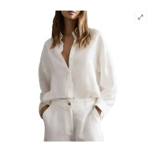 Top Reiss Mujer Blanco Ellis Abotonado Talla 4 Mezcla de Lino Minimalista Euro Verano - Imagen 1 de 11