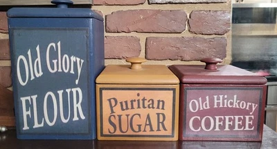 Set Of 3 Wooden Flour, Sugar, Coffee Americana Primitive Farmhouse Canisters. - Image 1 of 4