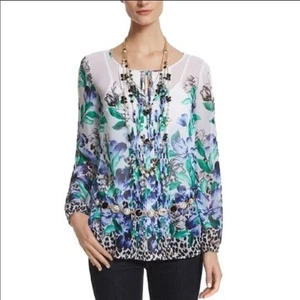White House Black Market Green and Blue Floral Blouse Size 6 - Picture 1 of 11