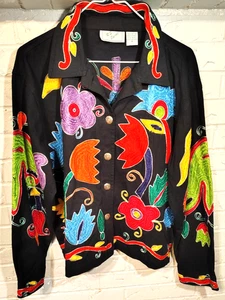 Vintage Women's Black Jacket Vibrant Floral Embroidery Silver Tone Buttons Sz M - Picture 1 of 11
