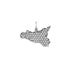Ciondolo Pendente Collana Sicilia Mini In Oro Bianco 18 kt e Pavè di Zirconi ... - Foto 1 di 2