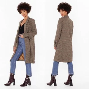NWT Nasty Gal Longline Coming Check Double Breasted Tan Plaid Jacket Coat Medium - Picture 1 of 15