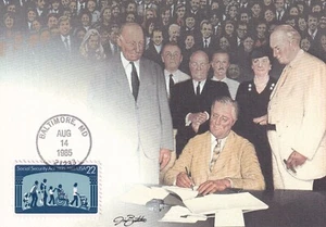 USA 1985 FDC ON MAXI CARD MEN WOMEN CHILDREN SOCIAL SECURITY ACT - Picture 1 of 2