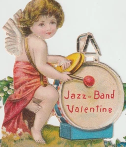 C1910-20s Victorian Style Jazz Band Valentine Card Cherub Playing Drums USA - Picture 1 of 3