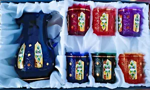 Czech bohemia color crystal cut glass - Water, bier set 6+1 gold + enamel - Picture 1 of 5