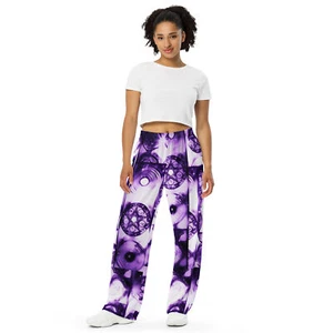 Pantalon unisexe jambes larges imprimé intégral sorcière motif pentagramme sorcière violet - Photo 1/41