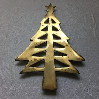 Vintage Golden Solid Brass Metal Holiday Christmas Tree Shape Trivet 8.5"L - Image 1 of 3