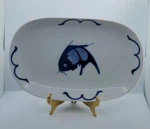 Misty Rose Koi Fish Serving Platter Super White China Vintage Blue White 12"W - Picture 1 of 4
