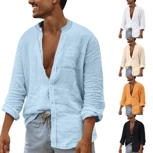 New Men's Casual Solid Button Down Collar Cotton Hemp Shirt - Picture 1 of 13