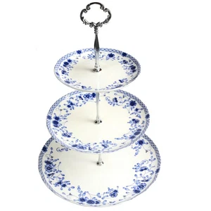 3-Tier Afternoon Tea Stand, Porcelain Cupcake Stand Serving Tray, Blue and Wh... - Picture 1 of 5