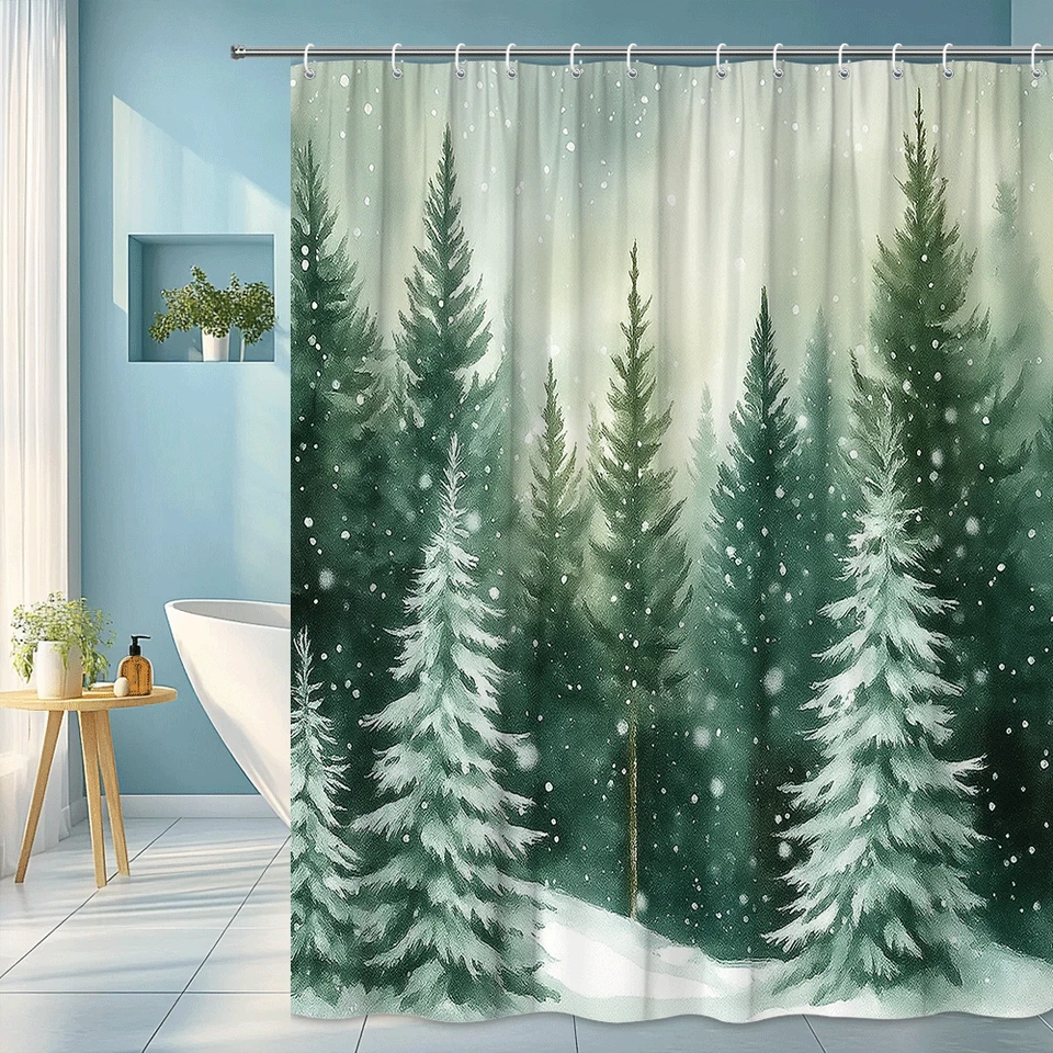 Bosque de pinos nevados invierno verde acuarela naturaleza bosque arte cortina de ducha Foto 1 de 4