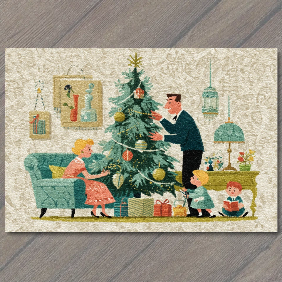 POSTCARD Retro Family Decorating Christmas Tree Mid Century Vintage Holiday Joy - Image 1 of 1