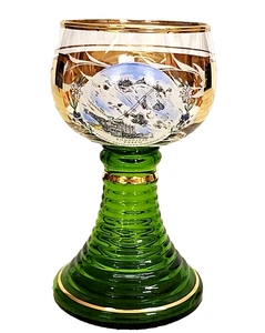 Zugspitze German Wine Glass Green Beehive Stem Gold Trim 0.2L - Picture 1 of 9