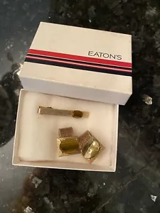 Vintage Mesh Wrap Cufflink Tie Tack Pin set ~ Agate Stone Gold Tone - Picture 1 of 6