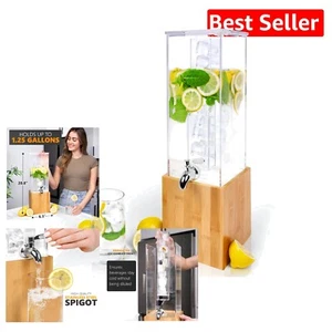 1.25 Gallon Beverage Dispenser with Ice Core & Bamboo Stand - Party Essential - Picture 1 of 8