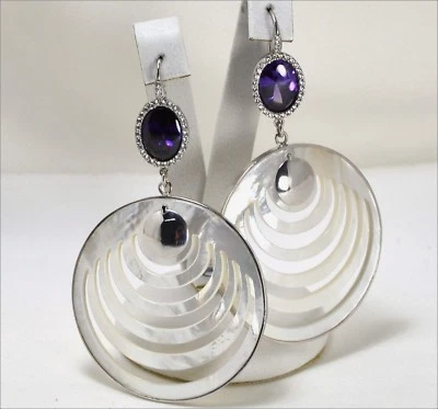 ORECCHINI IN ARGENTO 925 CON AMETISTA OVALE E MADREPERLA PENDENTE AGHT 0606 - Immagine 1 di 3