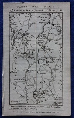 Original antique road map CORNWALL, HAMPSHIRE, TRURO, PENZANCE, Paterson, 1785 - Image 1 of 4