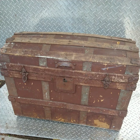 Antique Metal & Wood Travel Chest Canvas Steamer Trunk Steampunk Cover