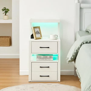 Bedside Table White LED Cabinets 3 Drawers Nightstand Bedroom W/Charging Station - Picture 1 of 8